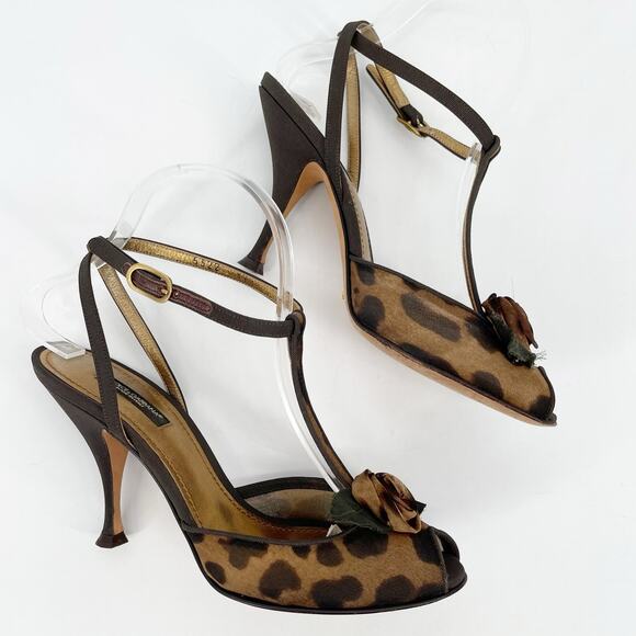 Dolce & Gabbana Leopard Print Floral T-Strap Peep Toe Heeled Sandals IT 37.5 - Picture 3 of 11